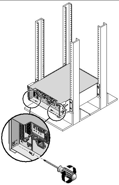 Figure showing the location of the two 8-32 screws used to secure the array to the back of the 4-post rack.