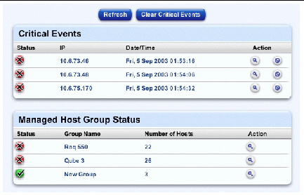 This screenshot shows a sample of the Health Monitoring screen, with the Critical Events and Managed Host Group Status tables.
