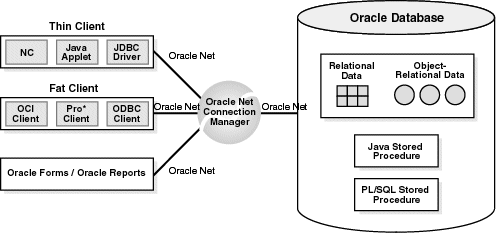 Shows a traditional two-tier, client/server configuration in which clients call Java stored procedures the same way they call PL/SQL stored procedures.