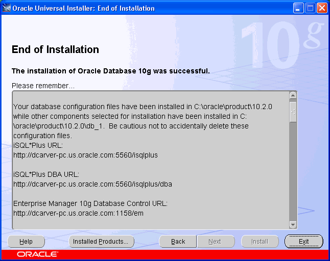 End of Installation page