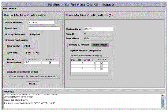 Figure showing the Sun Fire Visual Grid System Administration tool, with both master and slave machine configuration panels active.