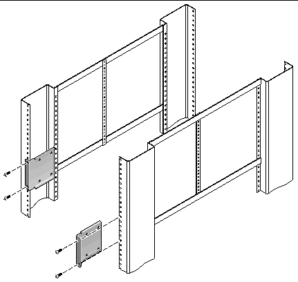 Figure showing how to attach the short brackets to the front of the rack.