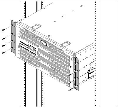 Figure showing how to secure the front adjuster brackets attached to the sides of the server to the front of the rack.