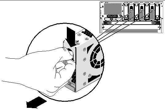 Figure showing how to remove the fan tray from the front of the system.