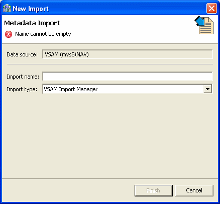 New Import screen, used to define import name and type
