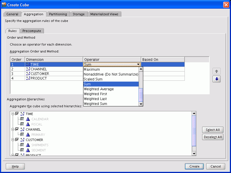 Create Cube dialog box Aggregation tab