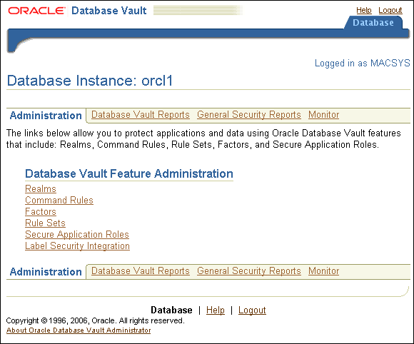 Database Vault Home page