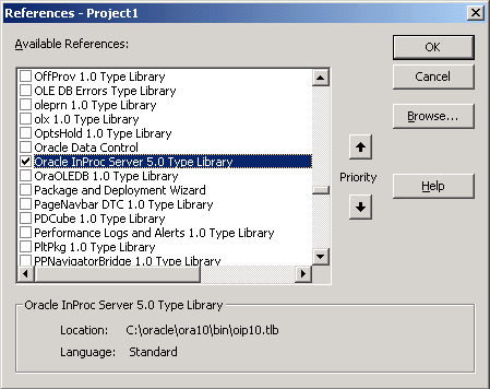 References dialog box OIP Server 5.0 Type library checked